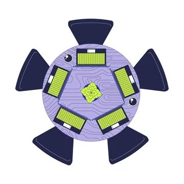 Top view of round table with laptops and coffee mugs 2D cartoon object Stock Illustration