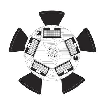 Top view of round table with laptops and coffee mugs 2D line object Stock Illustration