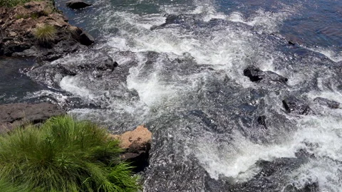 Top view of a rushing mountain river with turbulent water crashing 库存影片 335387152