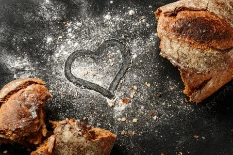 Top-view rustic bread and flour Stock Photos