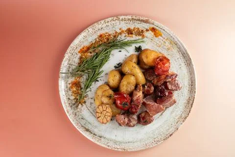 Top view of a rustic plate with roasted pork, sausages, baked potatoes, Foto stock