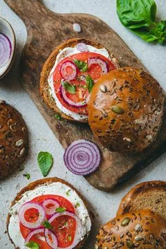 Top view of rye bread rusted buns with cream cheese Stock Photos