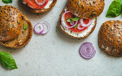 Top view of rye bread rusted buns with cream cheese Stock Photos