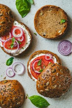 Top view of rye bread rusted buns with cream cheese Stock-Fotos