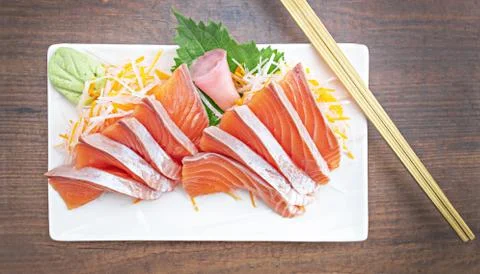 Top view Salmon Sashimi on table.  Japan food concept Foto stock