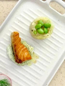 Top view of salmon steak with mashed potatoes 스톡 사진