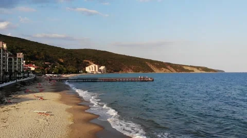 Top view of sand beaches with many hotel buildings and tourist infrastructur Stock Footage 266137237