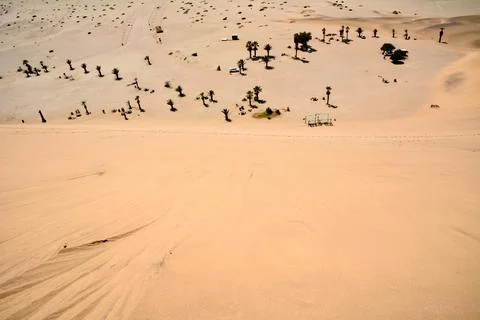 Top view from sand dune to desert landscape and oasis palm trees below Stock Photos