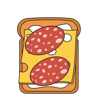 Top view at sandwich. Piece of bread with cheese and sausage. Delicious and Illustrazione stock