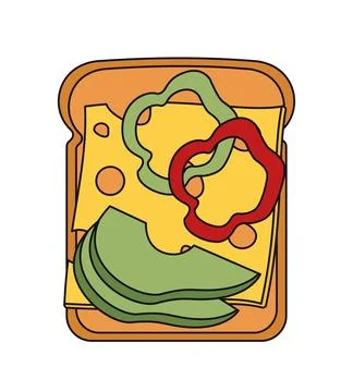 Top view at sandwich. Piece of bread with cheese and peppers. Delicious morning Illustrazione stock