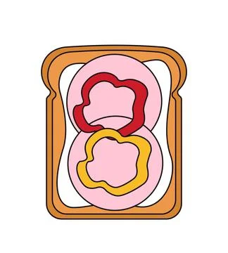 Top view at sandwich. Piece of bread with sausage and peppers. Delicious morning Illustrazione stock