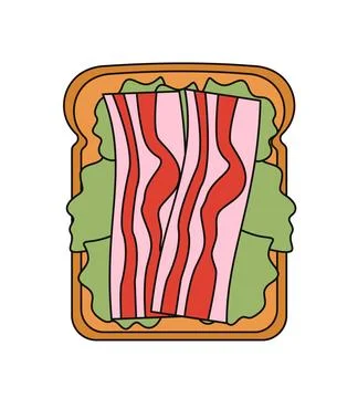 Top view at sandwich. Piece of bread with sausage, ketchup and lettuce Stock-Illustration