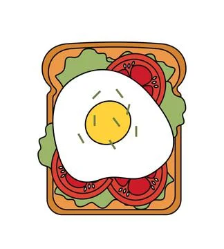 Top view at sandwich. Piece of bread with egg, tomato and lettuce. Delicious Illustrazione stock