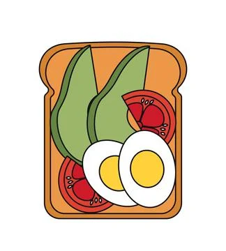 Top view at sandwich. Piece of bread with egg and tomato. Delicious morning Illustrazione stock