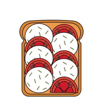 Top view at sandwich. Piece of bread with egg and tomato. Delicious morning Illustrazione stock