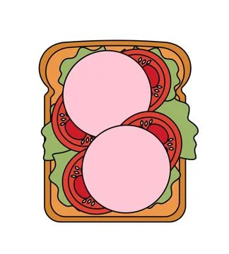 Top view at sandwich. Piece of bread with sausage, lettuce and tomato. Delicious Illustrazione stock