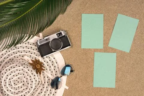 Top view sandy beach concept. Sand background with copy space around products Stock Photos