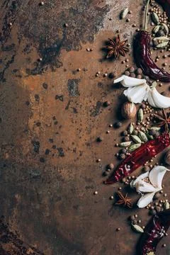 Top view scattered chilli peppers Stock Photos