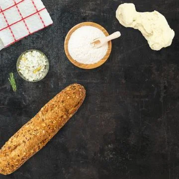 Top view of a scene of a bread and its ingredients. Related to bakery and pas Stock Photos