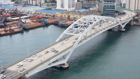 Top view of scenic white bridge in Busan, South Korea Stock Footage 85220048
