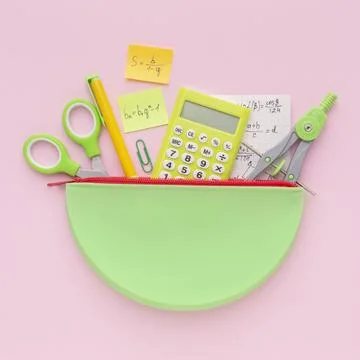 Top view school supplies composition. Top view arrangement school supplies. Stock Illustration