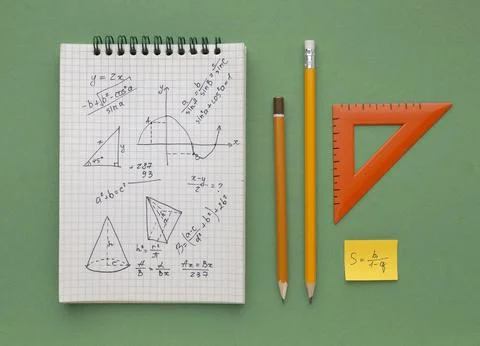 Top view school supplies composition. Top view arrangement school supplies. Stock Photos