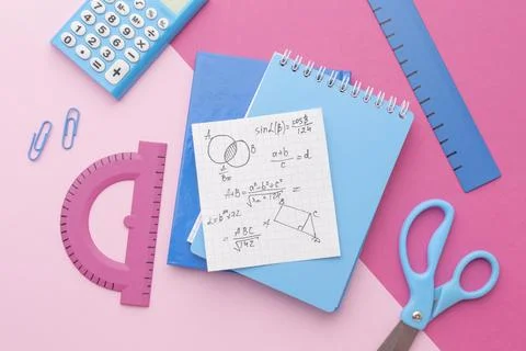 Top view school supplies composition. Top view arrangement school supplies. Stock Photos