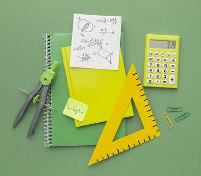 Top view school supplies composition. Top view arrangement school supplies. Stock Photos