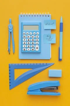 Top view school supplies composition. Top view arrangement school supplies. Stock Photos