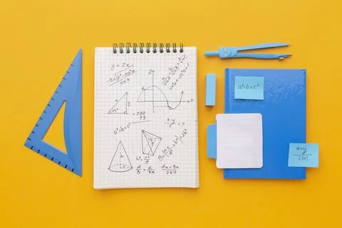 Top view school supplies composition. Top view arrangement school supplies. Stock Photos