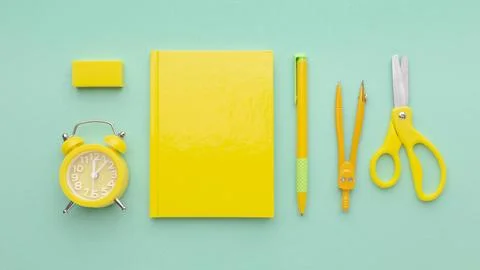 Top view school supplies composition. Top view arrangement school supplies. Stock Photos