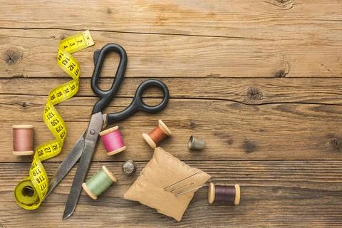 Top view scissors with measuring tape copy space Stock Photos