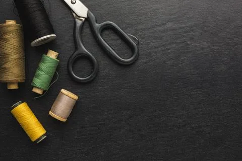 Top view scissors with thread copy space Stock Photos