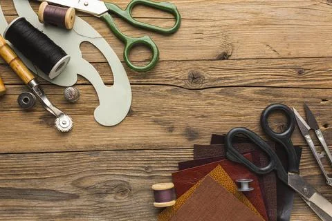 Top view scissors with thread thimble. High quality and resolution beautiful Stock Photos