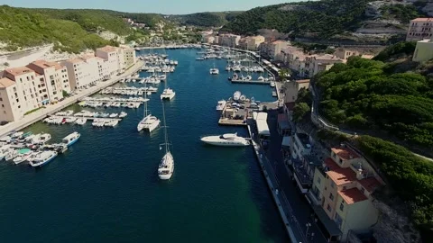 Top view sea harbor with floating water transport yachts boats ships at European Stock Footage 149470358