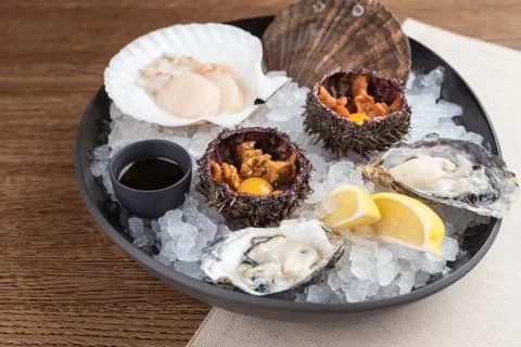 Top view of seafood platter: shellfish, oysters, sea urchin and balsamic sauc Stock Photos