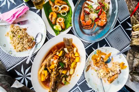 Top view of seafood on a table Stock Photos