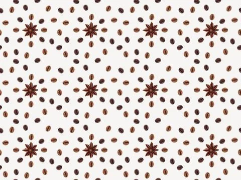 Top view of seamless pattern with coffee beans and anise stars isolated on wh Stock Photos