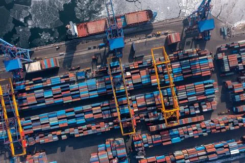 A top view of the seaport container terminal. Stock Photos
