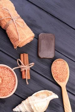 Top view seashell with cinammon and soap. Stock Photos