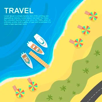 Top view of seashore with umbrellas, deck chairs and boats Stock Illustration