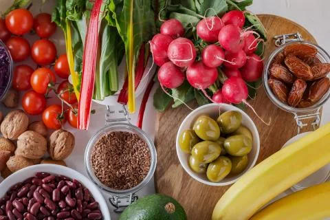 Top view of selected clean and healthy foods Foto stock