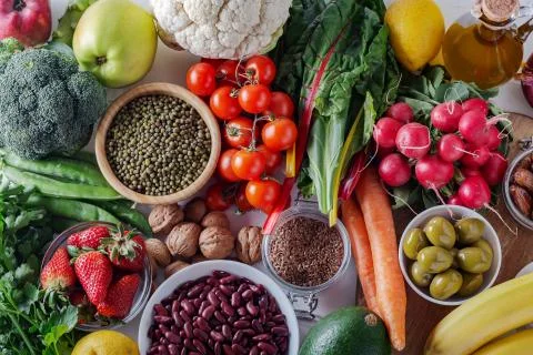Top view of selected clean and healthy foods Stock Photos