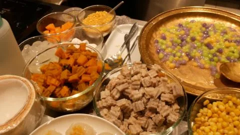 Top view of selection of various platters with delicious asian food and spice Stock Photos