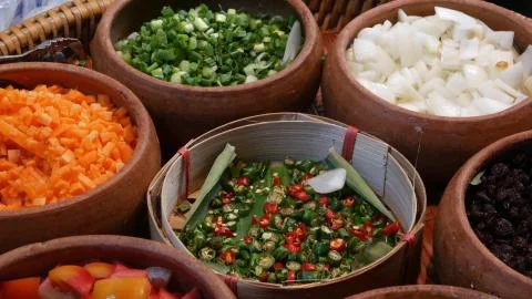 Top view of selection of various platters with delicious asian food and spice Stock Photos