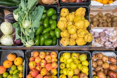Top view of selections of healthy fruits and vegetables Stock Photos