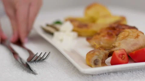 Top view of a served dish, tuna with bulgur on a gray plate, next to a textile Stock Footage 277446236