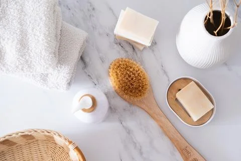 Top view of set of accessories for bath and personal hygiene Stock Photos