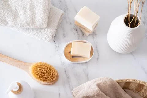 Top view of set of accessories for bath and personal hygiene Stock Photos