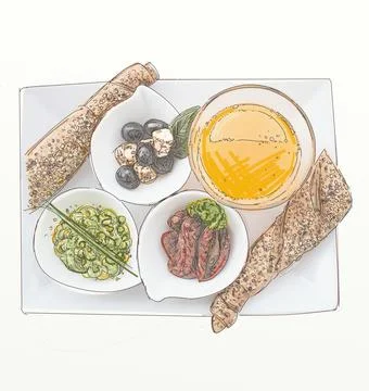 Top view of a set of appetizers on a white background. Stock Illustration